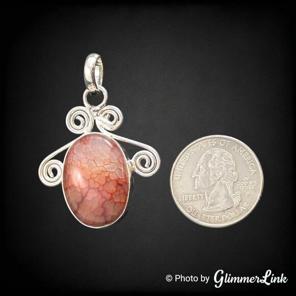 Red Orange Dragon Vein Oval Cabochon Scrollwork Silver Plated Pendant - Picture 6 of 8